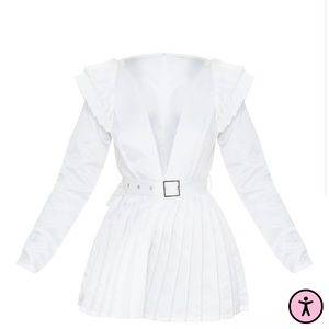 White Bonded Satin Plunge Pleated Detail Romper